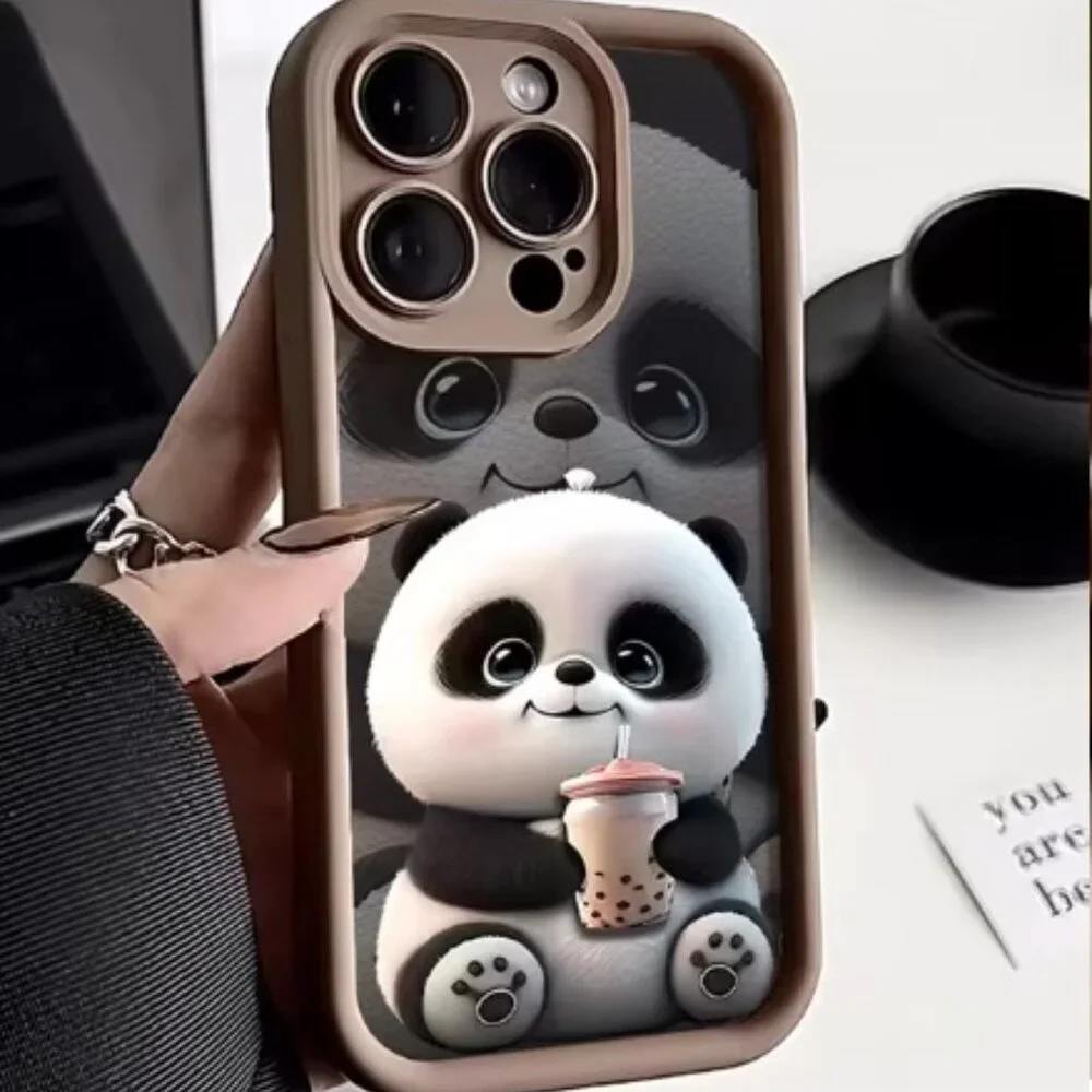 Panda Soft TPU Case for iPhone 16/Plus/Pro/ProMax Funda Black Brown Pink apple